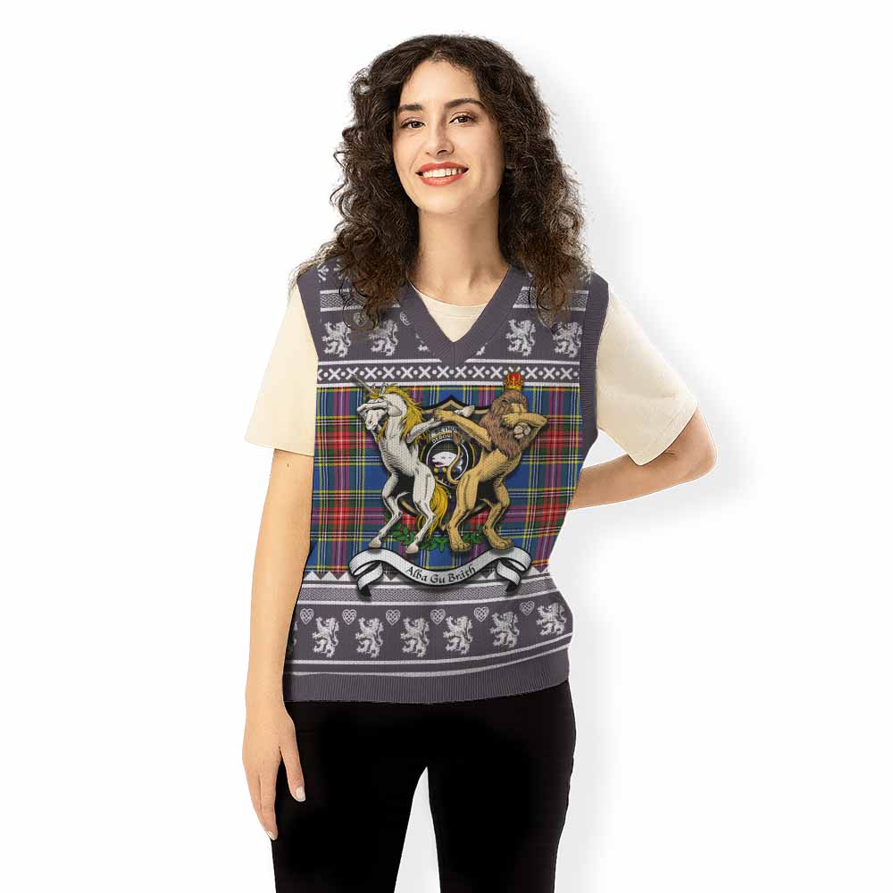 Bethune Clan Tartan Crest Christmas Knitted V-Neck Vest Coat of Arms Funny Style - Tartan Vibes Clothing