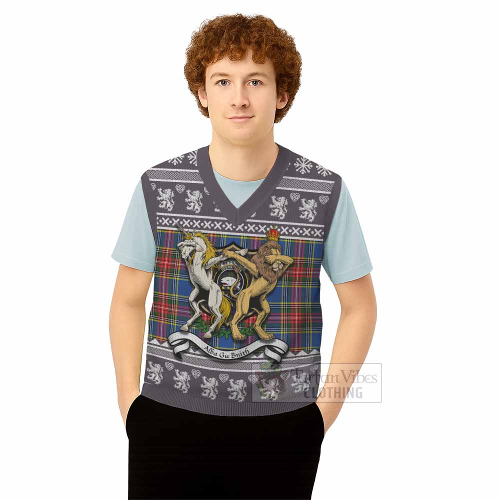 Bethune Clan Tartan Crest Christmas Knitted V-Neck Vest Coat of Arms Funny Style - Tartan Vibes Clothing