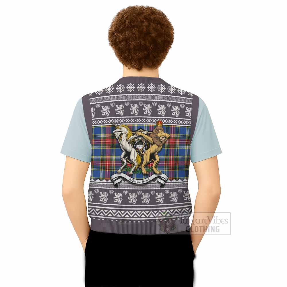 Bethune Clan Tartan Crest Christmas Knitted V-Neck Vest Coat of Arms Funny Style - Tartan Vibes Clothing