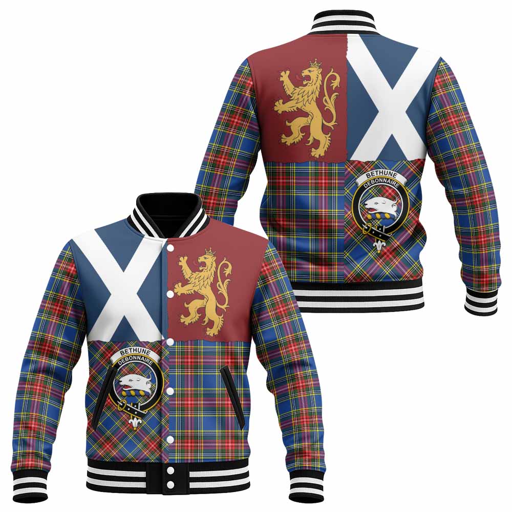 Bethune Crest Tartan Baseball Jacket with Lion Rampant Saltire Style