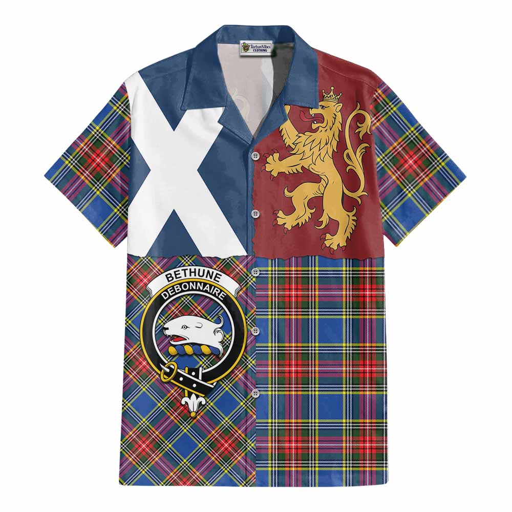 Bethune Crest Tartan Cotton Hawaiian Shirt with Lion Rampant Saltire Style - Tartan Vibes Clothing