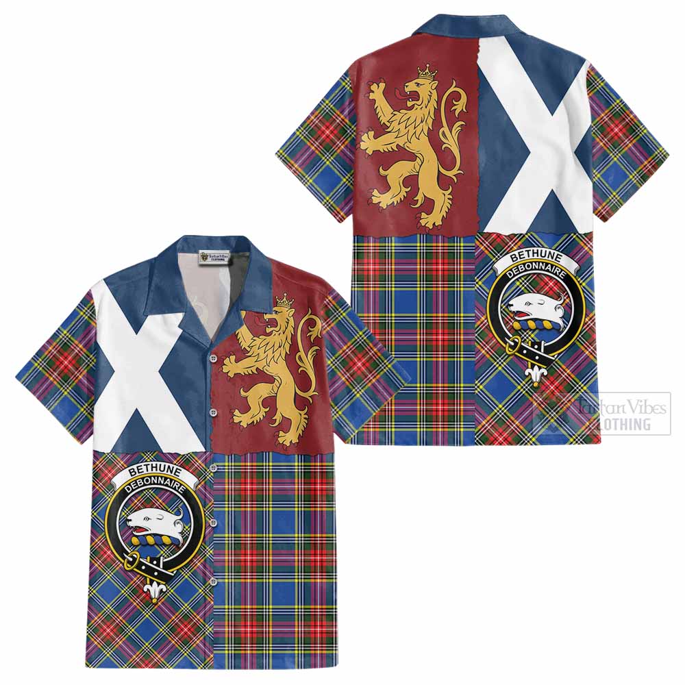 Bethune Crest Tartan Cotton Hawaiian Shirt with Lion Rampant Saltire Style - Tartan Vibes Clothing
