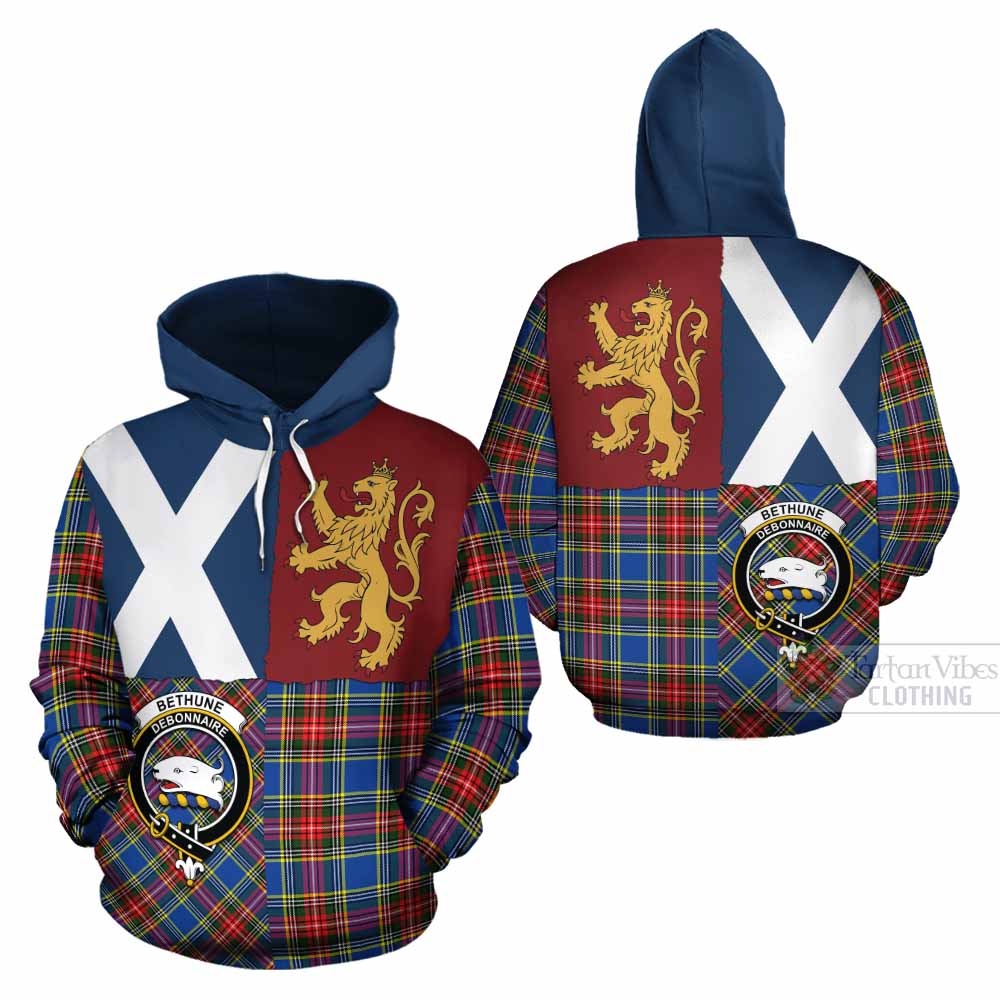 Bethune Crest Tartan Cotton Hoodie with Lion Rampant Saltire Style - Tartan Vibes Clothing