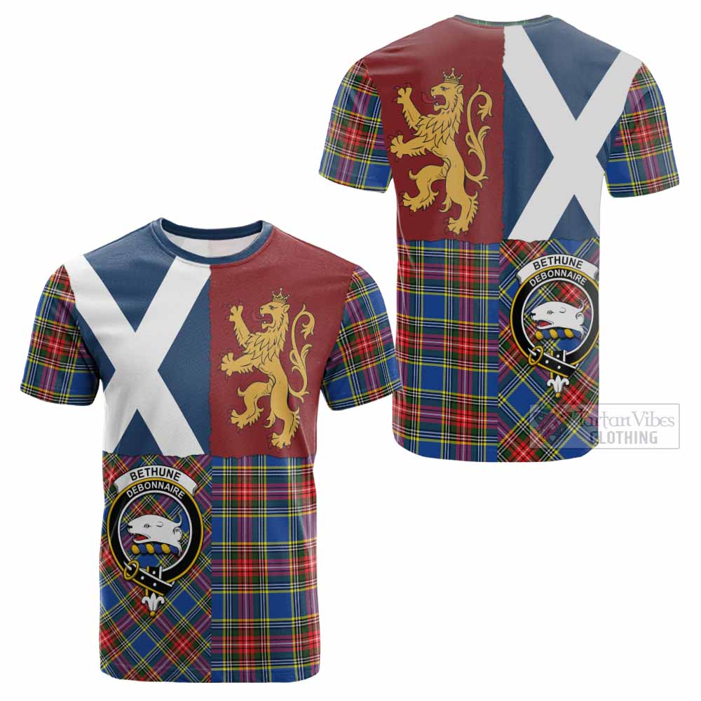Bethune Crest Tartan Cotton T-shirt with Lion Rampant Saltire Style - Tartan Vibes Clothing