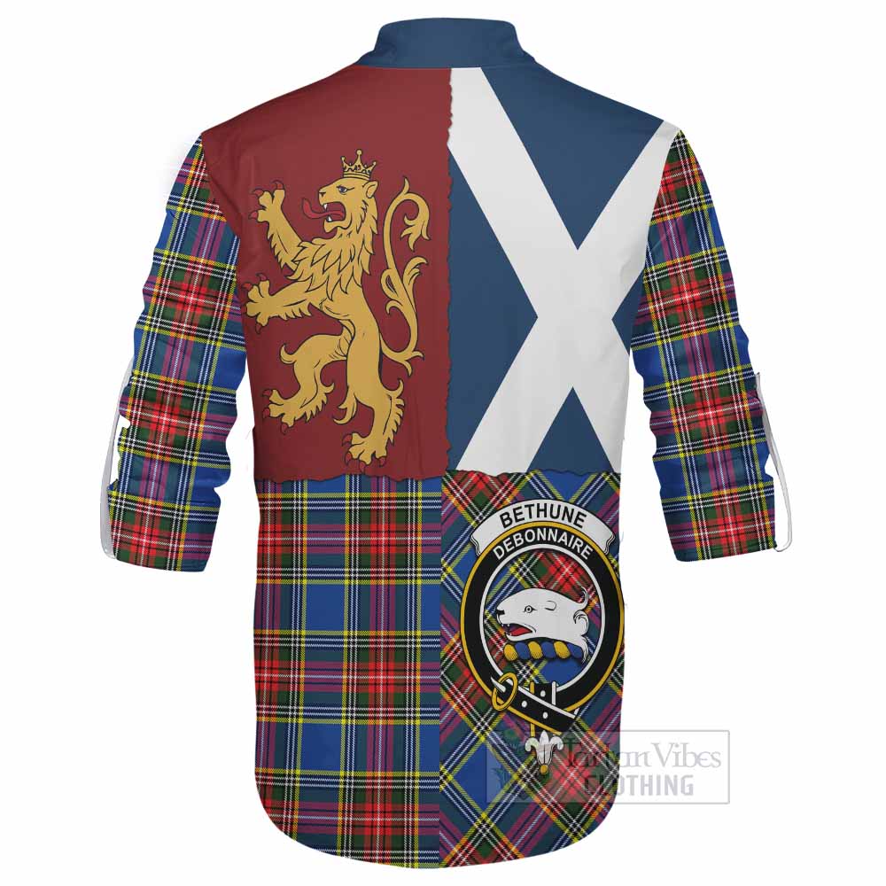 Bethune Crest Tartan Ghillie Shirt with Lion Rampant Saltire Style - Tartan Vibes Clothing