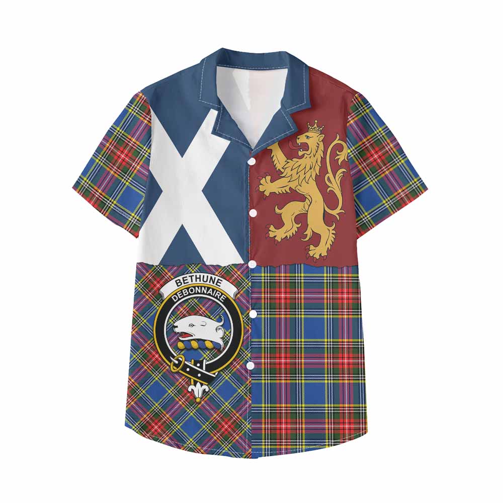 Bethune Crest Tartan Kid Hawaiian Shirt with Lion Rampant Saltire Style - Tartan Vibes Clothing