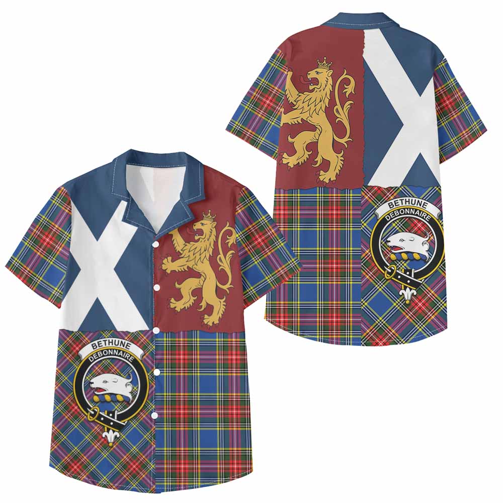 Bethune Crest Tartan Kid Hawaiian Shirt with Lion Rampant Saltire Style - Tartan Vibes Clothing