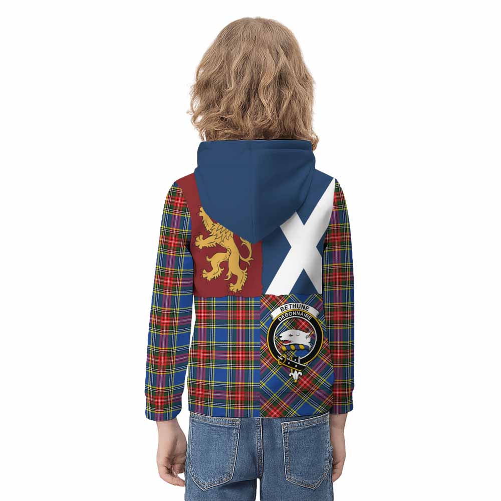 Bethune Crest Tartan Kid Hoodie with Lion Rampant Saltire Style - Tartan Vibes Clothing