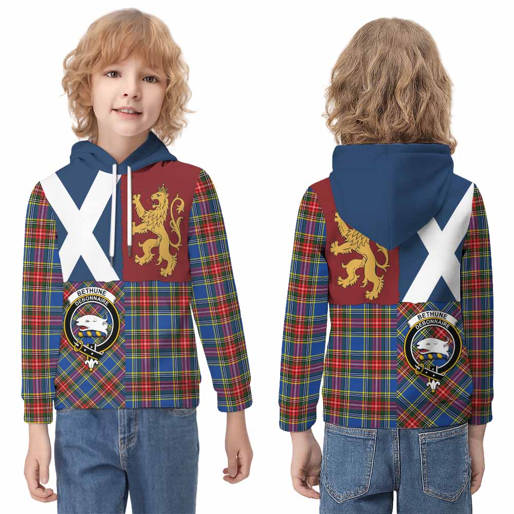 Bethune Crest Tartan Kid Hoodie with Lion Rampant Saltire Style - Tartan Vibes Clothing