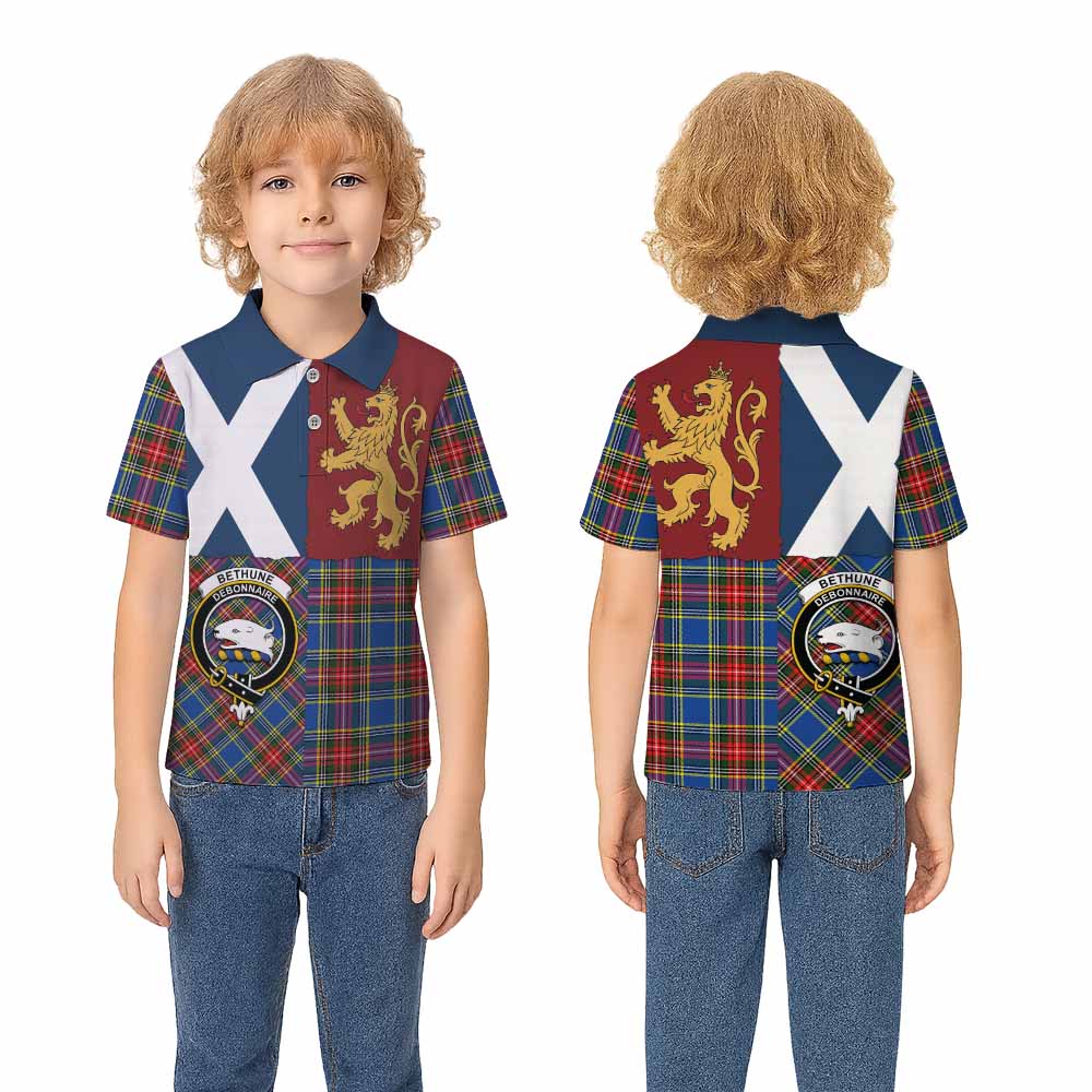 Bethune Crest Tartan Kid Polo Shirt with Lion Rampant Saltire Style - Tartan Vibes Clothing