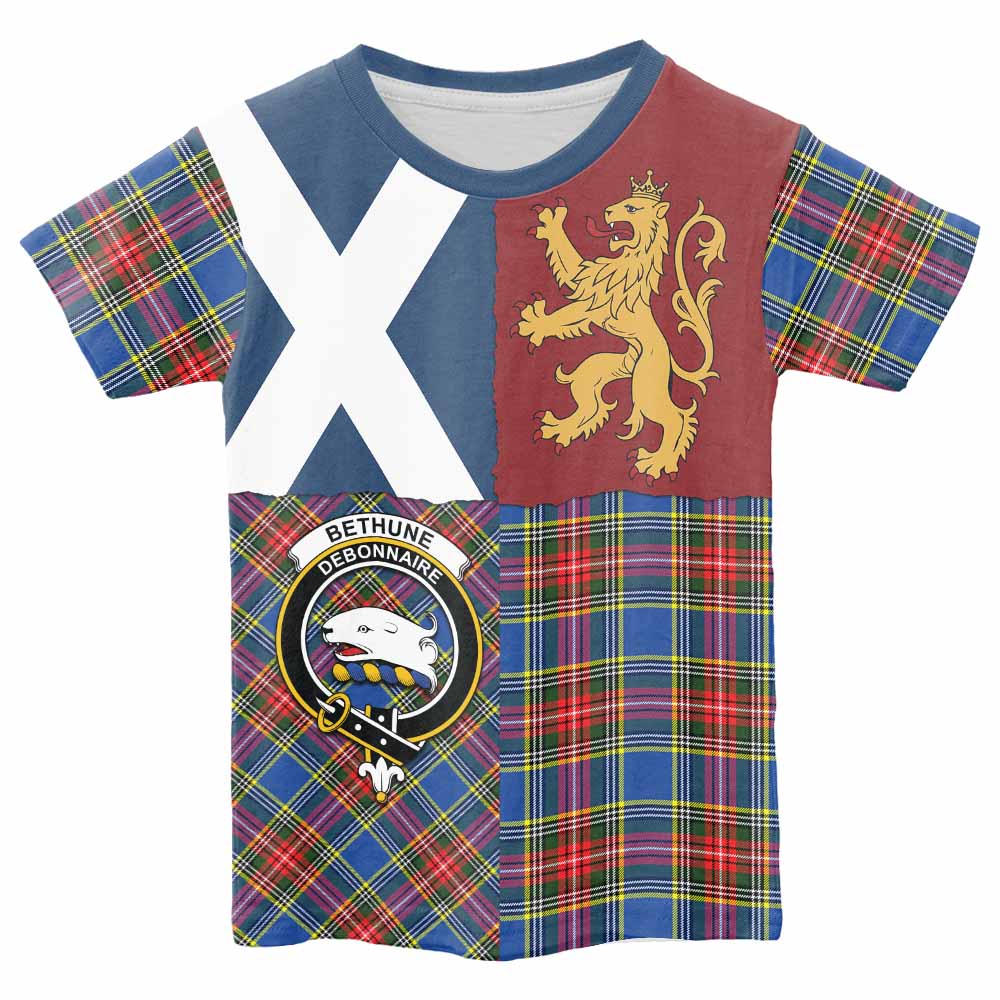 Bethune Crest Tartan Kid T-shirt with Lion Rampant Saltire Style - Tartan Vibes Clothing