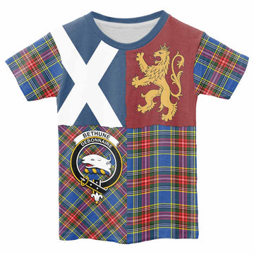 Bethune Crest Tartan Kid T-shirt with Lion Rampant Saltire Style - Tartan Vibes Clothing