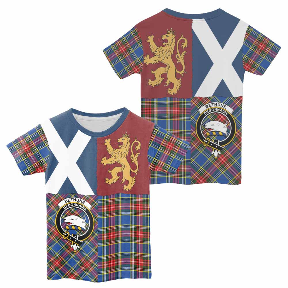Bethune Crest Tartan Kid T-shirt with Lion Rampant Saltire Style - Tartan Vibes Clothing