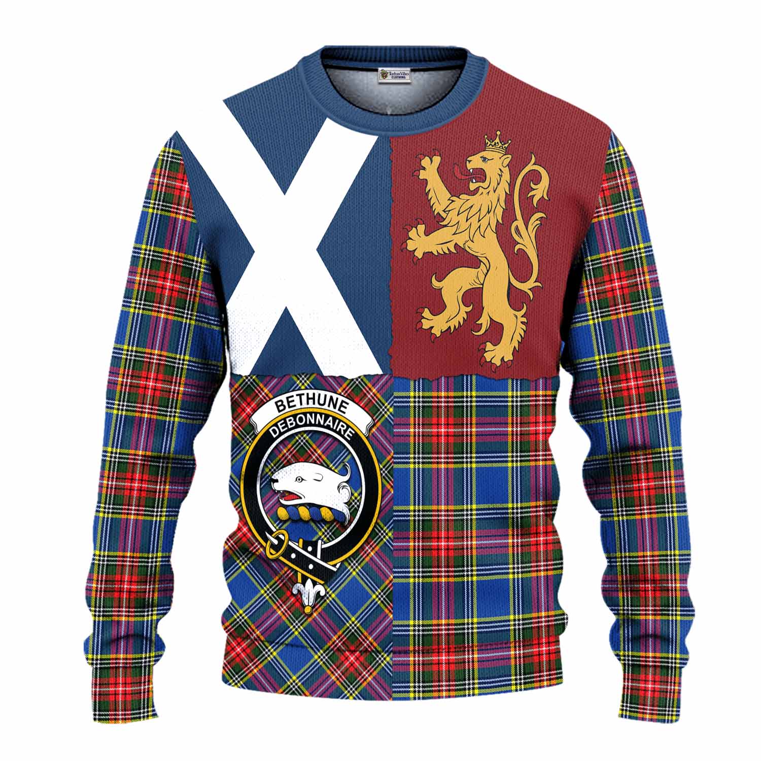 Bethune Crest Tartan Knitted Sweater with Lion Rampant Saltire Style