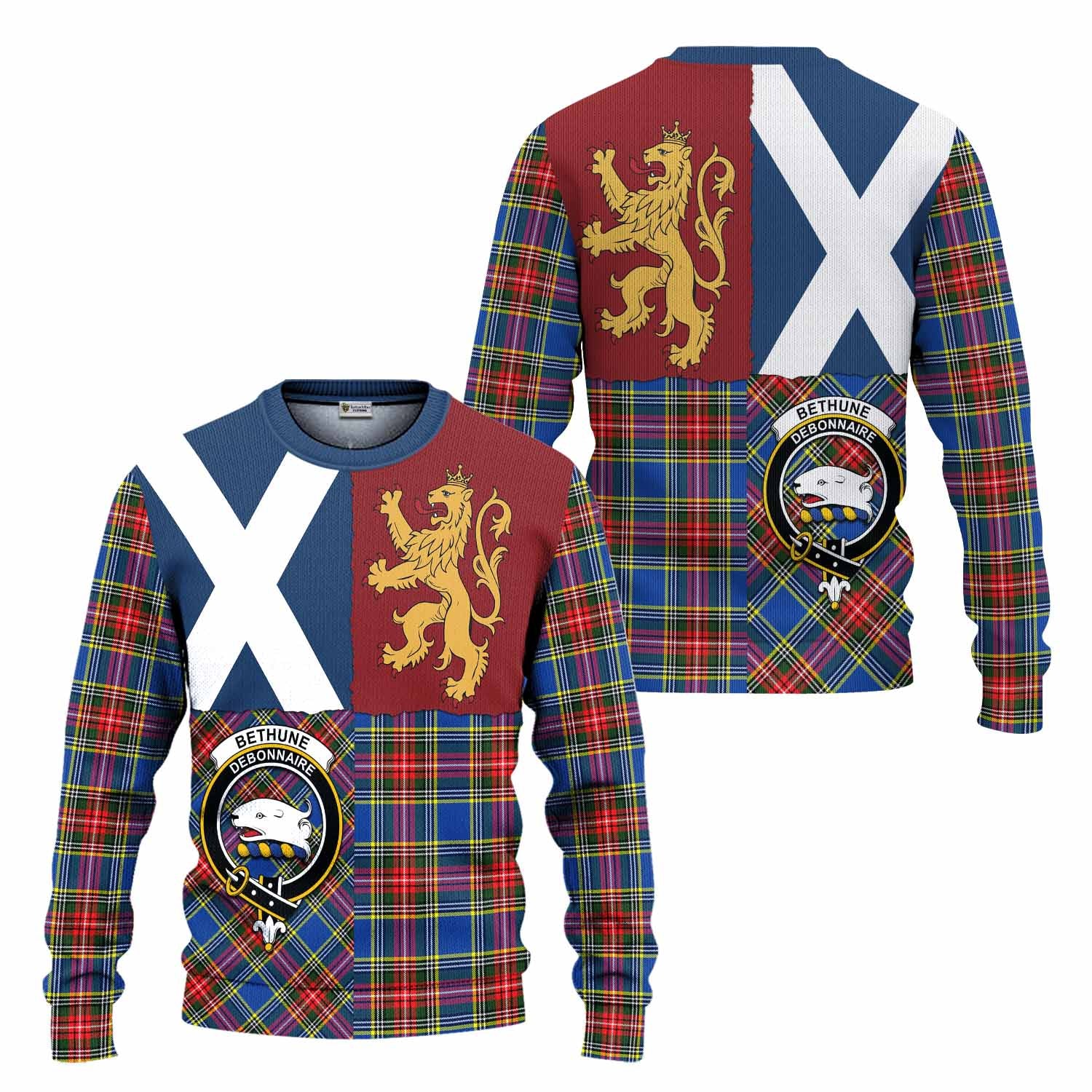 Bethune Crest Tartan Knitted Sweater with Lion Rampant Saltire Style