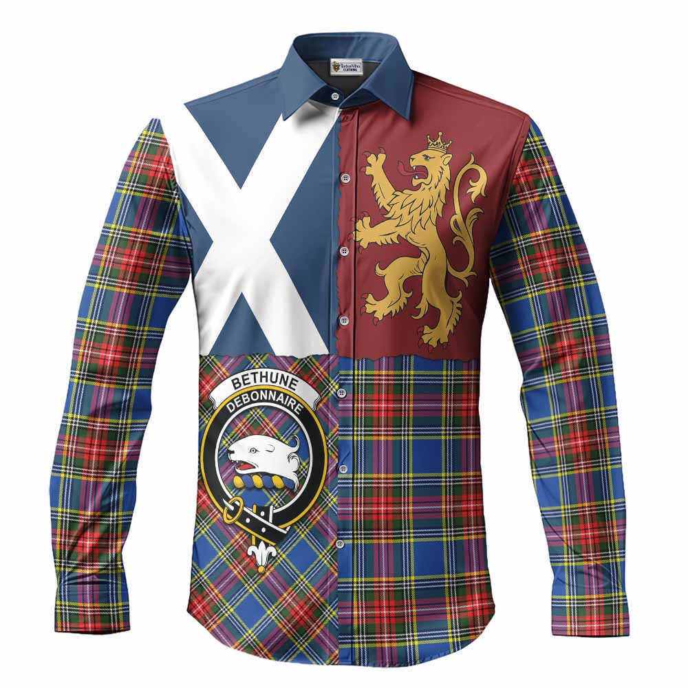 Bethune Crest Tartan Long Sleeve Button Shirts with Lion Rampant Saltire Style