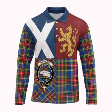 Bethune Crest Tartan Long Sleeve Polo Shirt with Lion Rampant Saltire Style