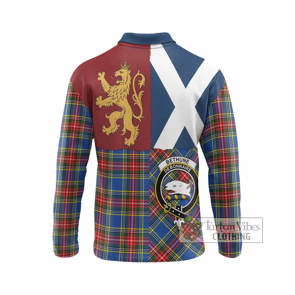Bethune Crest Tartan Long Sleeve Polo Shirt with Lion Rampant Saltire Style