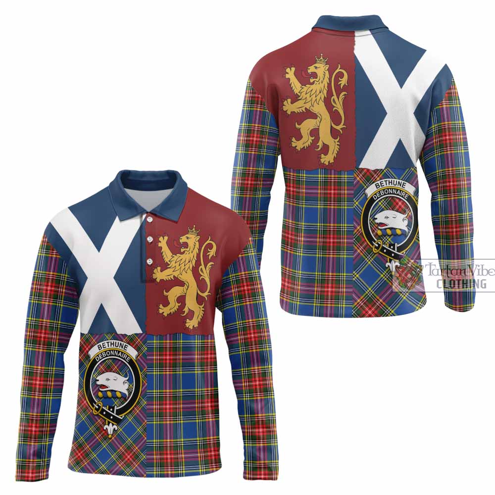 Bethune Crest Tartan Long Sleeve Polo Shirt with Lion Rampant Saltire Style