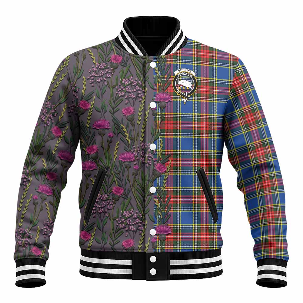 Bethune Family Crest Tartan Baseball Jacket Scottish Thistle Flower Pattern Half Style - Tartan Vibes Clothing