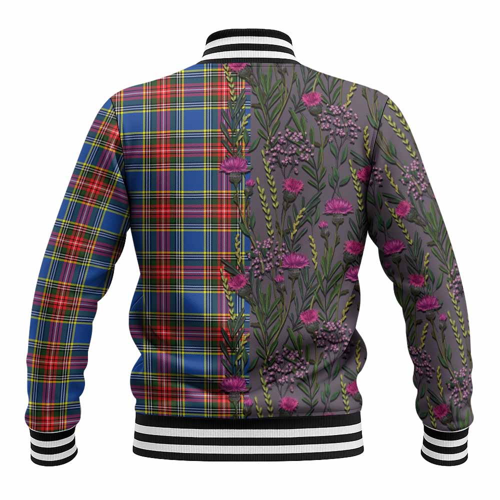 Bethune Family Crest Tartan Baseball Jacket Scottish Thistle Flower Pattern Half Style - Tartan Vibes Clothing