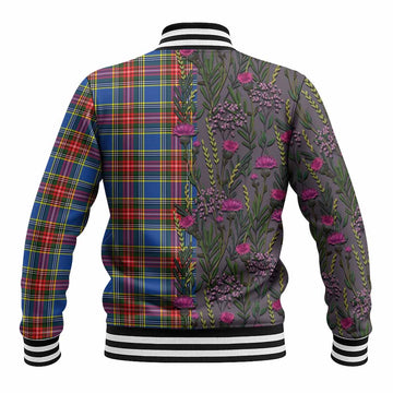 Bethune Family Crest Tartan Baseball Jacket Scottish Thistle Flower Pattern Half Style