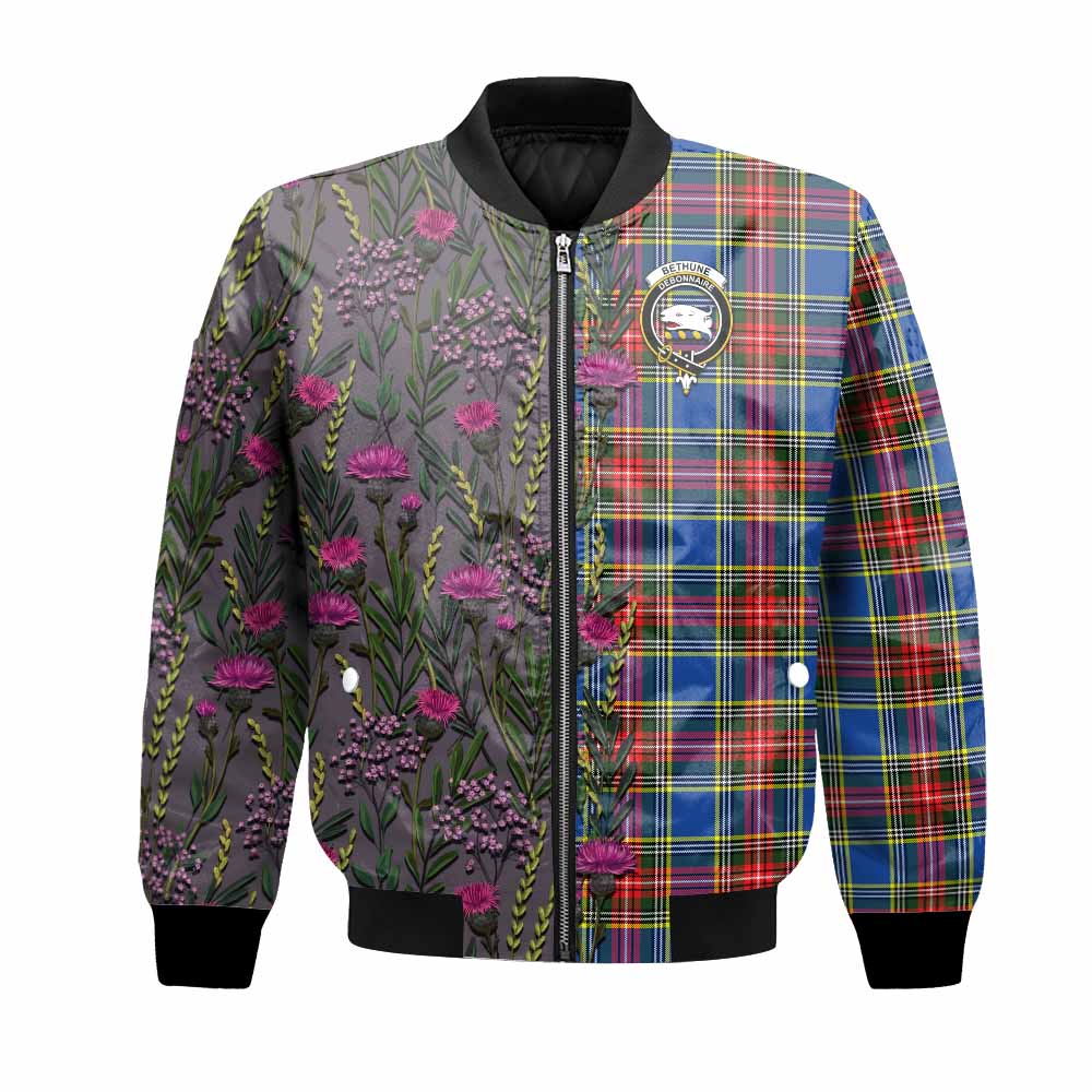 Bethune Family Crest Tartan Bomber Jacket Scottish Thistle Flower Pattern Half Style - Tartan Vibes Clothing