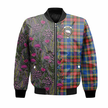 Bethune Family Crest Tartan Bomber Jacket Scottish Thistle Flower Pattern Half Style - Tartan Vibes Clothing