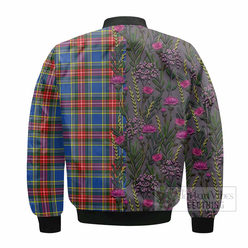Bethune Family Crest Tartan Bomber Jacket Scottish Thistle Flower Pattern Half Style - Tartan Vibes Clothing