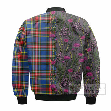 Bethune Family Crest Tartan Bomber Jacket Scottish Thistle Flower Pattern Half Style - Tartan Vibes Clothing