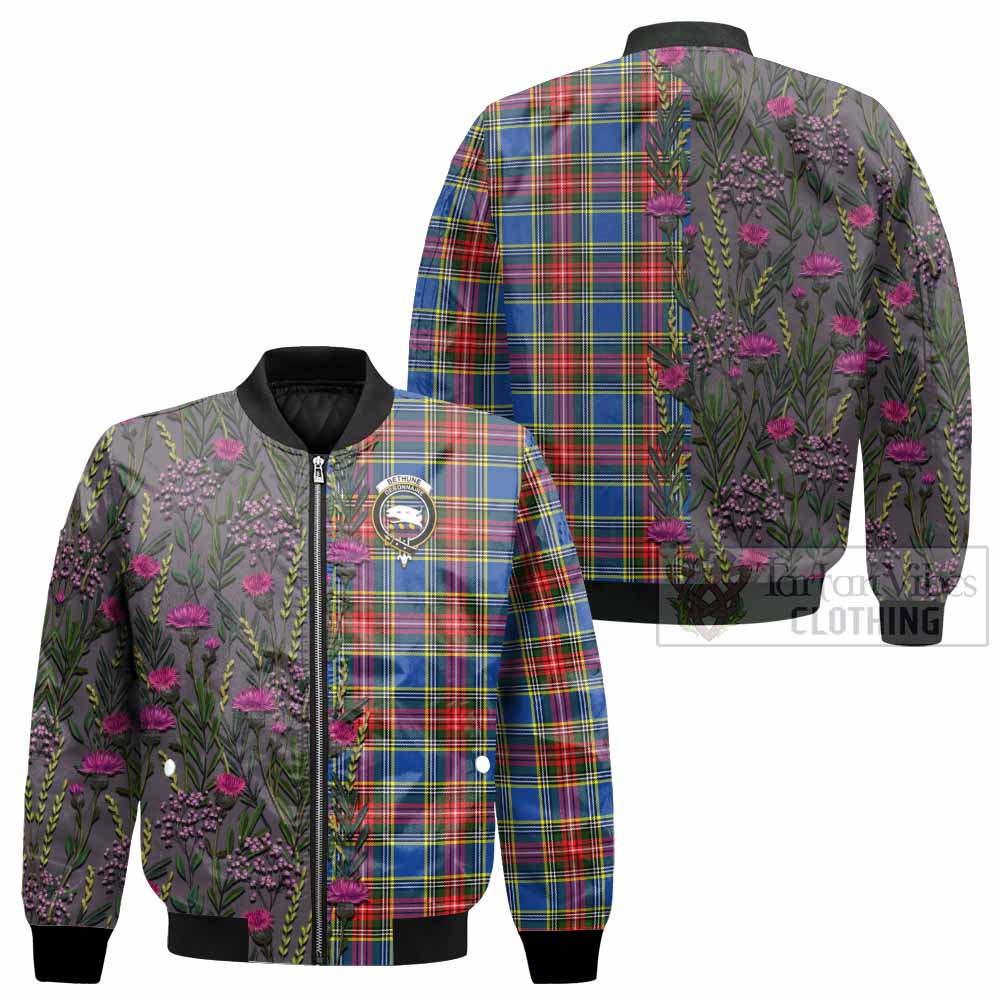 Bethune Family Crest Tartan Bomber Jacket Scottish Thistle Flower Pattern Half Style - Tartan Vibes Clothing