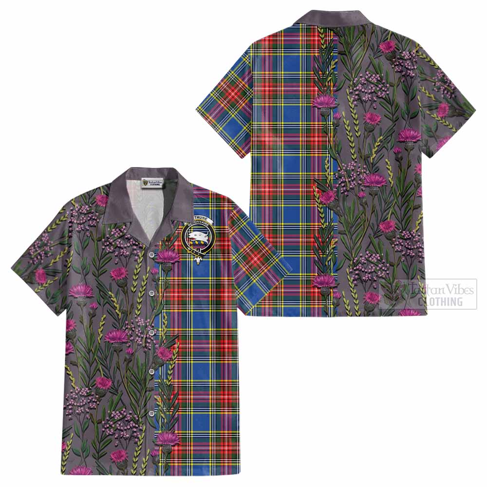 Bethune Family Crest Tartan Cotton Hawaiian Shirt Scottish Thistle Flower Pattern Half Style - Tartan Vibes Clothing