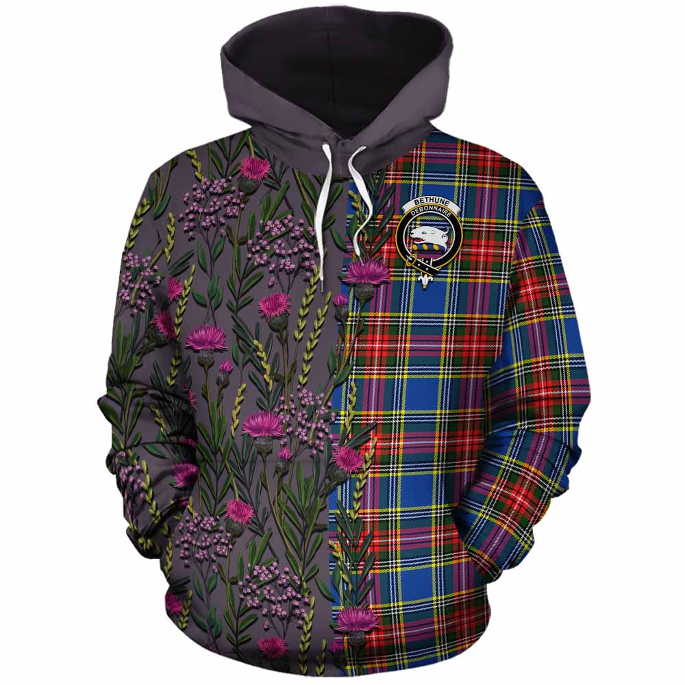 Bethune Family Crest Tartan Cotton Hoodie Scottish Thistle Flower Pattern Half Style - Tartan Vibes Clothing