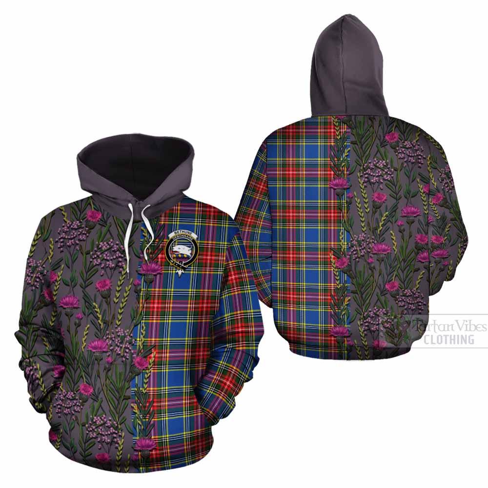 Bethune Family Crest Tartan Cotton Hoodie Scottish Thistle Flower Pattern Half Style - Tartan Vibes Clothing