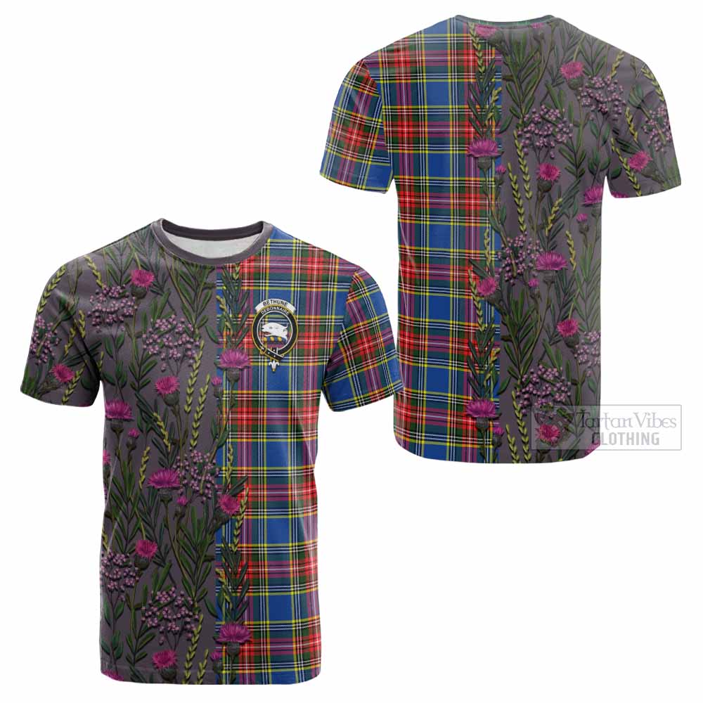 Bethune Family Crest Tartan Cotton T-shirt Scottish Thistle Flower Pattern Half Style - Tartan Vibes Clothing