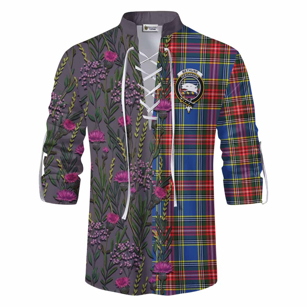 Bethune Family Crest Tartan Ghillie Shirt Scottish Thistle Flower Pattern Half Style - Tartan Vibes Clothing
