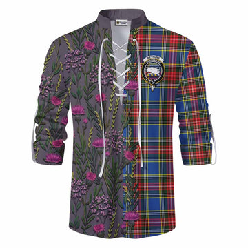 Bethune Family Crest Tartan Ghillie Shirt Scottish Thistle Flower Pattern Half Style