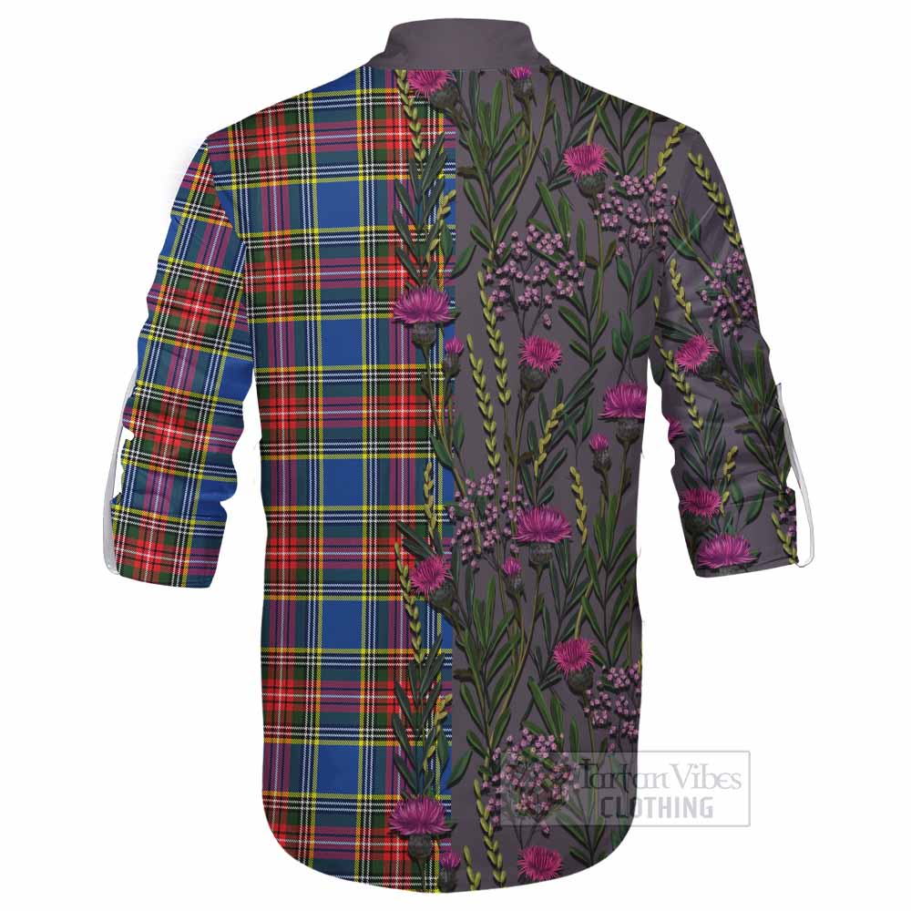Bethune Family Crest Tartan Ghillie Shirt Scottish Thistle Flower Pattern Half Style - Tartan Vibes Clothing