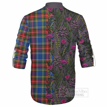 Bethune Family Crest Tartan Ghillie Shirt Scottish Thistle Flower Pattern Half Style