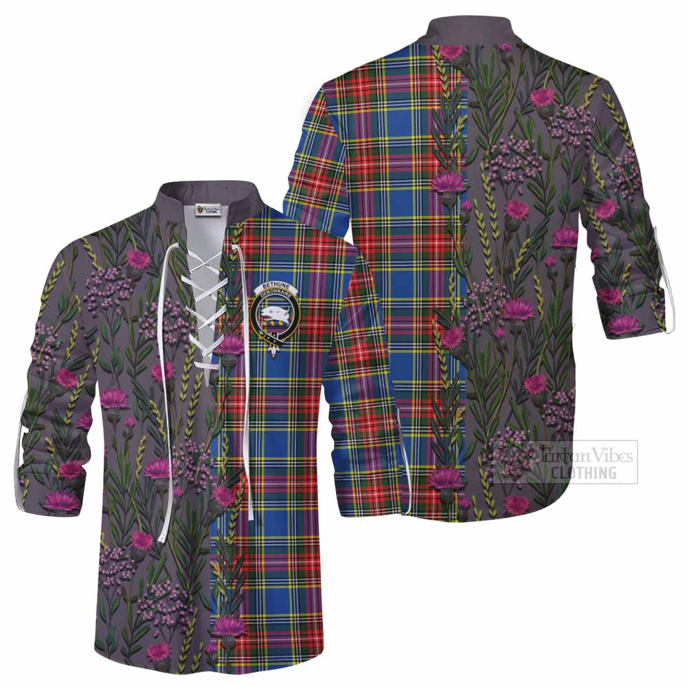 Bethune Family Crest Tartan Ghillie Shirt Scottish Thistle Flower Pattern Half Style - Tartan Vibes Clothing
