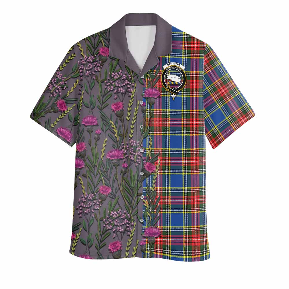 Bethune Family Crest Tartan Hawaiian Shirt Scottish Thistle Flower Pattern Half Style - Tartan Vibes Clothing