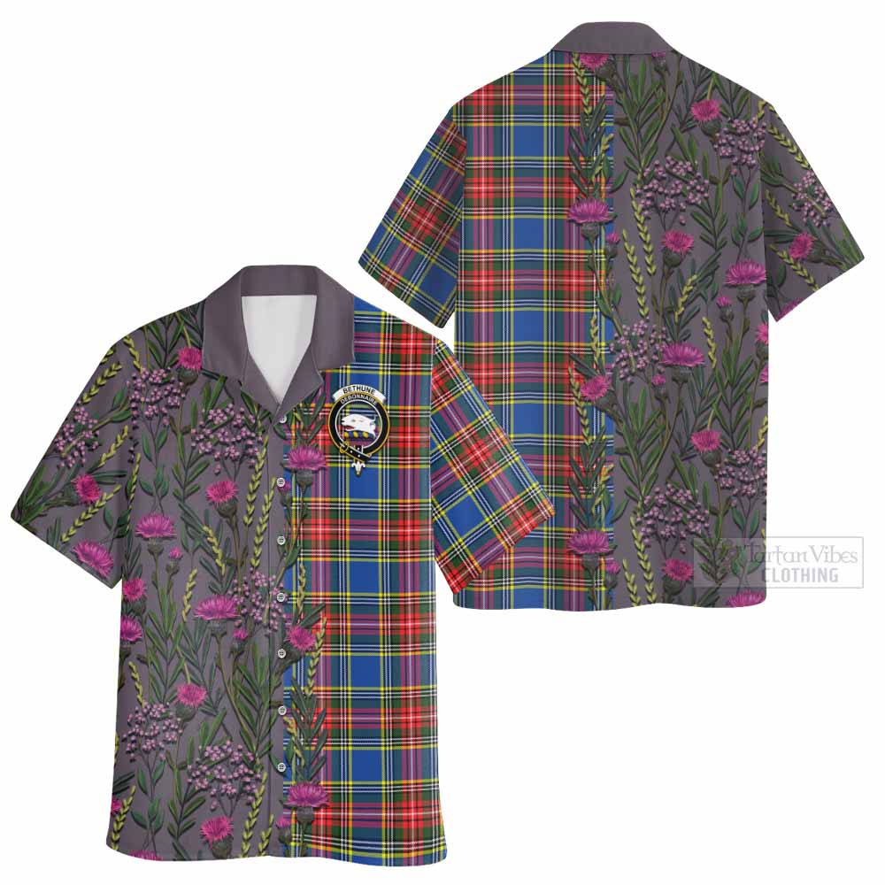 Bethune Family Crest Tartan Hawaiian Shirt Scottish Thistle Flower Pattern Half Style - Tartan Vibes Clothing