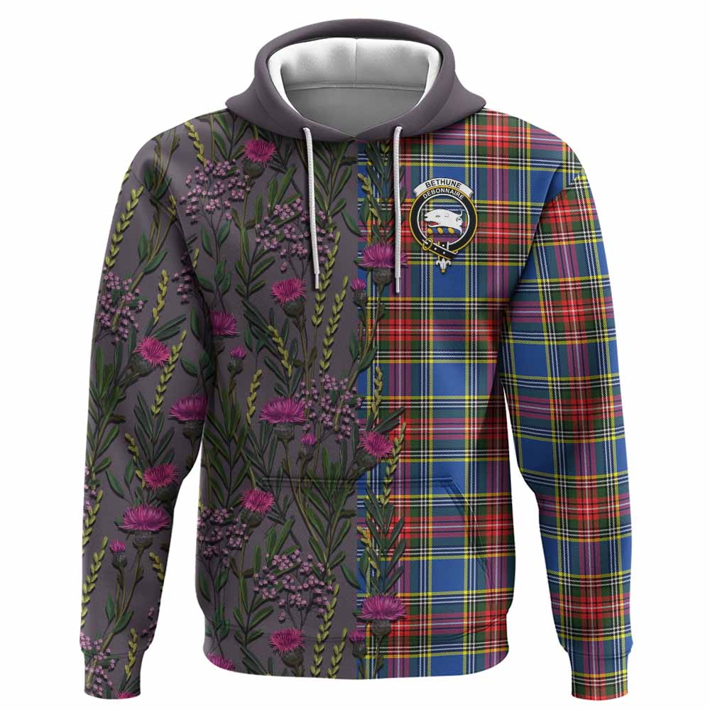 Bethune Family Crest Tartan Hoodie Scottish Thistle Flower Pattern Half Style - Tartan Vibes Clothing