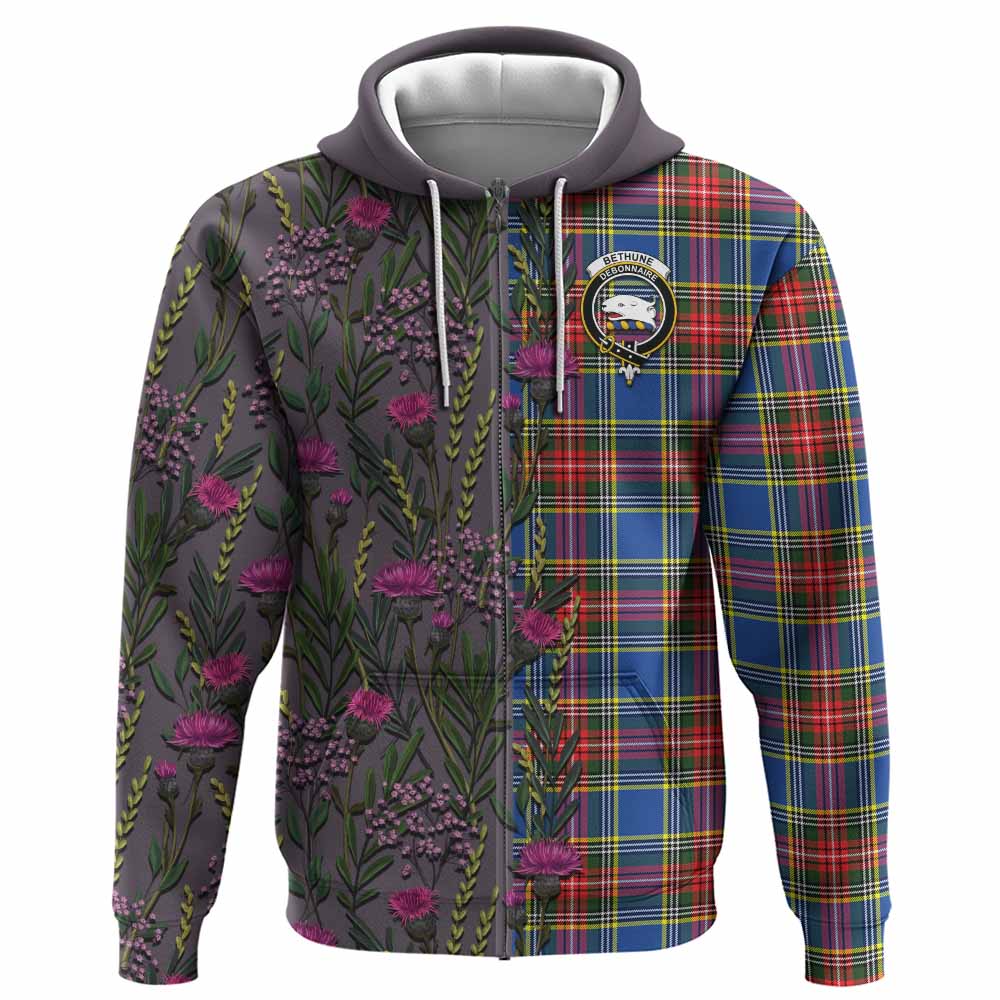 Bethune Family Crest Tartan Hoodie Scottish Thistle Flower Pattern Half Style - Tartan Vibes Clothing