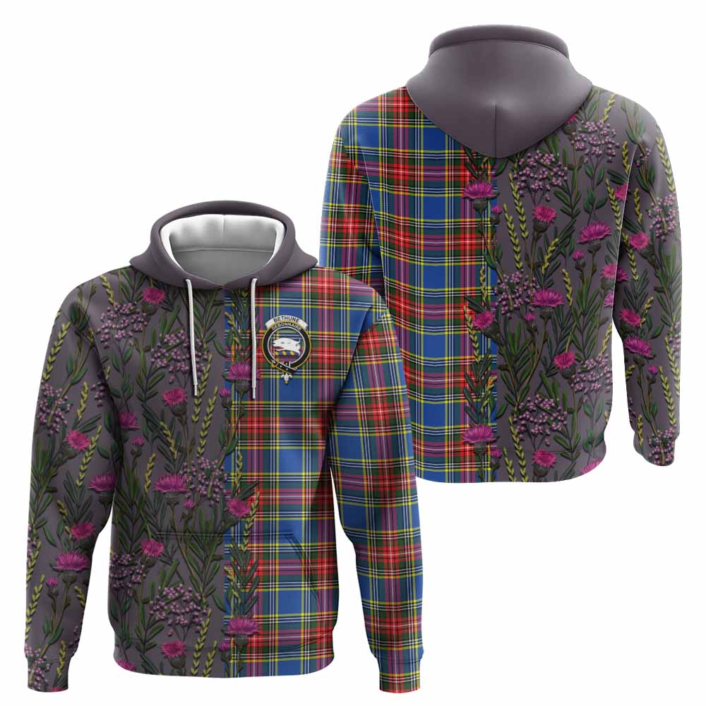 Bethune Family Crest Tartan Hoodie Scottish Thistle Flower Pattern Half Style - Tartan Vibes Clothing