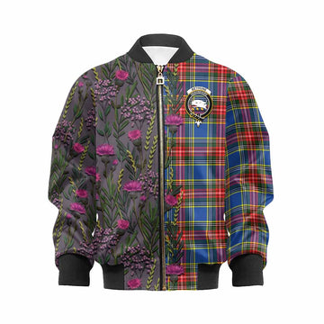 Bethune Family Crest Tartan Kid Bomber Jacket Scottish Thistle Flower Pattern Half Style - Tartan Vibes Clothing