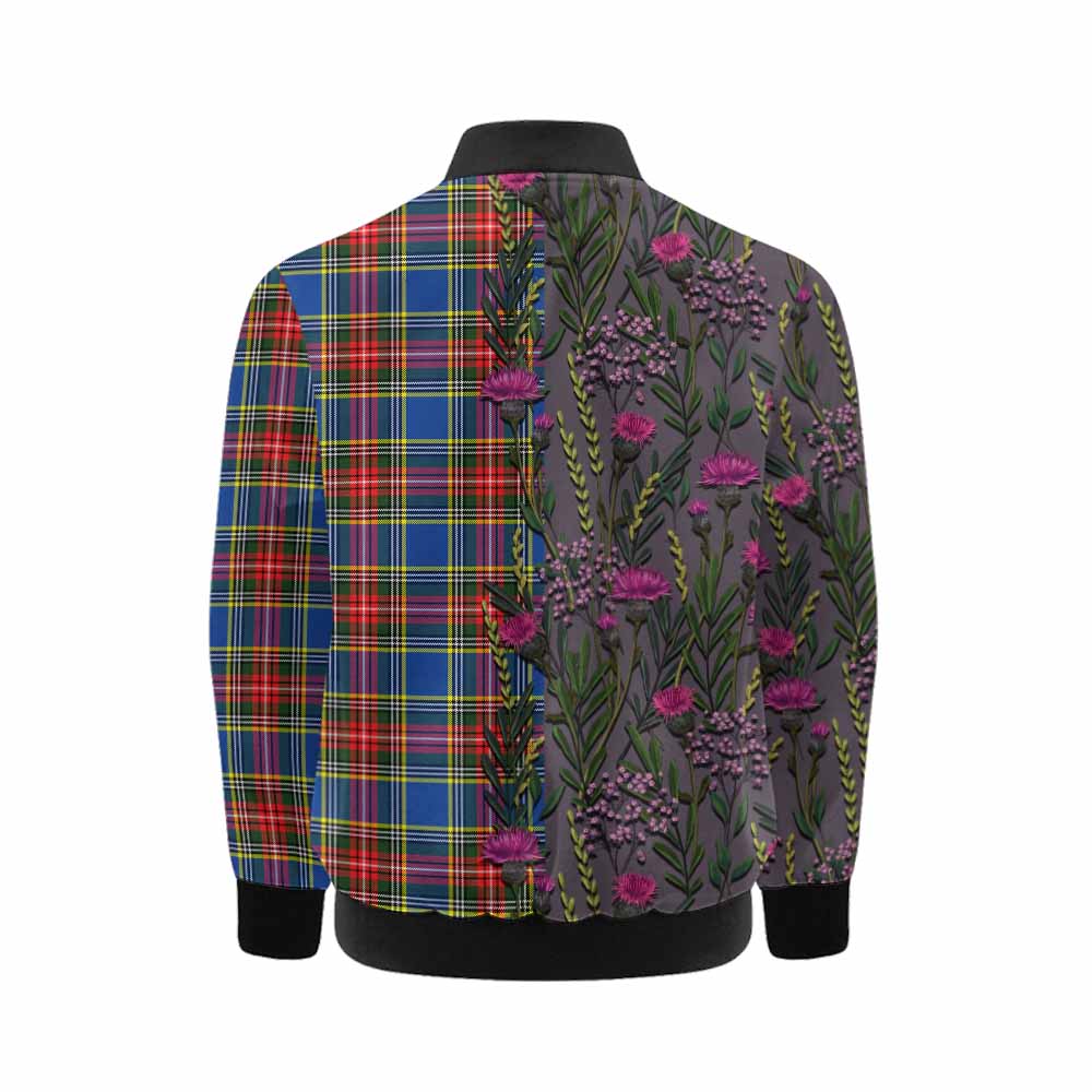 Bethune Family Crest Tartan Kid Bomber Jacket Scottish Thistle Flower Pattern Half Style - Tartan Vibes Clothing