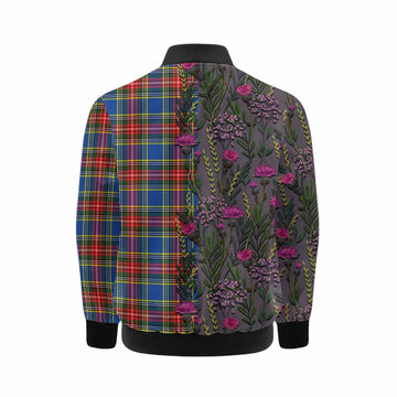 Bethune Family Crest Tartan Kid Bomber Jacket Scottish Thistle Flower Pattern Half Style - Tartan Vibes Clothing