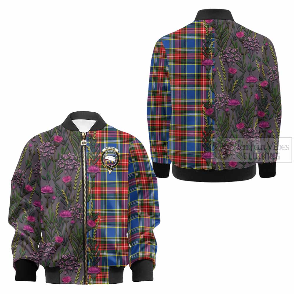 Bethune Family Crest Tartan Kid Bomber Jacket Scottish Thistle Flower Pattern Half Style - Tartan Vibes Clothing