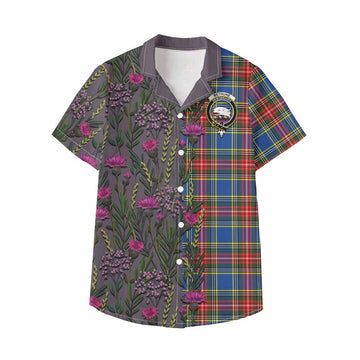 Bethune Family Crest Tartan Kid Hawaiian Shirt Scottish Thistle Flower Pattern Half Style - Tartan Vibes Clothing